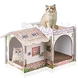 Lineshading Multi Level Cardboard Cat House with 3 Scratchers Large Sturdy Country House Themed Cat Villa 17"x12"x10" Cute Pet Condo Beds Toys Hideout for Bunny Small Animals Birthday Party
