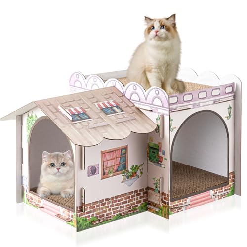 Lineshading Multi Level Cardboard Cat House with 3 Scratchers Large Sturdy Country House Themed Cat Villa 17"x12"x10" Cute Pet Condo Beds Toys Hideout for Bunny Small Animals Birthday Party