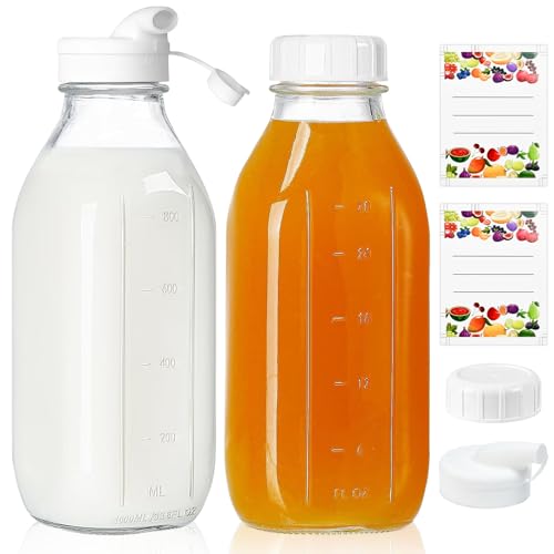 Huucozn 2 PCS Botellas de Cristal 1 Litro, Botellas de Vidrio Reutilizables con Tapa Hermética y Boquilla de Silicona, Botella de Cristal Transparente para Rellenar Agua Licor Jugo Batidos Leche