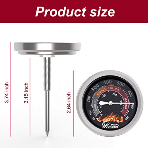 KT THERMO Grill Thermometer Barbecue Charcoal Smoker Temperature Gauge Grill Pit Replacement Thermometer for BBQ Meat Cooking Lamb Beef, Stainless Steel Temp Gauge, Oven Wood Stove Accessories, Black - Thumbnail 5