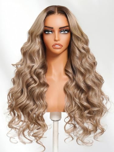 Image of Beauty Forever 13x4 Pre Everything Body Wave Lace Front Wig Human Hair, Ash Blonde Glow with Dark Roots,Glueless Drawstring No Slip Wig 150% Density Pre Plucked Pre Cut Ready to Go 24inch