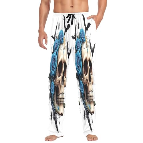 Qilmy Blue Rose Skull Men's Cotton Pajama Pants, Lightweight Lounge Sleepwear with Drawstring and Pocket