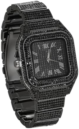 genkigold Gold Diamond Watch for Men - 40mm Roman Numerals Square Dial - Rhodium Black Plated 8.7" Strap - Japanese Quartz - Luxury Jewelry