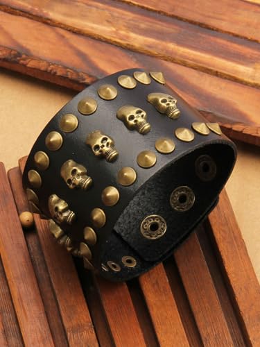 Pulsera de cuero amplia para hombre con detalles punk miniatura 4