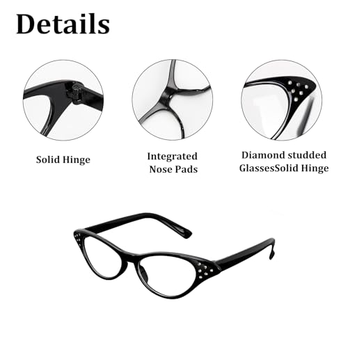 5 Pairs Cat Eye Rhinestone Glasses, Retro Party Costume Glasses for 50's 60's Hip Hop Dress up Halloween Party Favor in Red, Black, White, Pink, Rose Red