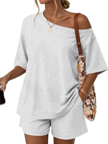 Trendy Queen Womens 2 Piece Summer Shorts Set Off The Shoulder Oversized Tops Lounge Matching Two Piece Spring Beach Vacation Outfits 2026 Resort Wear Sweatsuits Grey M