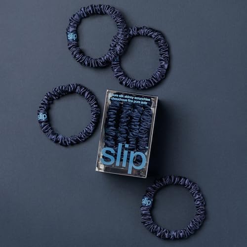 Image of Slip Silk Hair Ties - Skinny Silk Navy Scrunchies, No Damage, No Crease, Anti-Breakage |100% Mulberry Silk | All Hair Types | Made with Proprietary Slipsilk | Set of 4