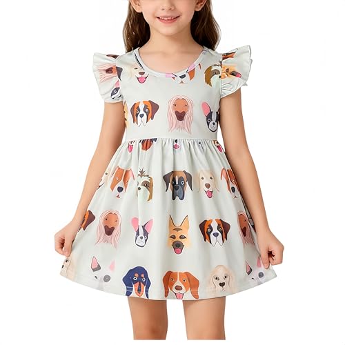 nebljgo Toddler Girls Cute Dog Printed Dresses Ruffle Bottom Flutter Sleeve Apparel 5-6Y
