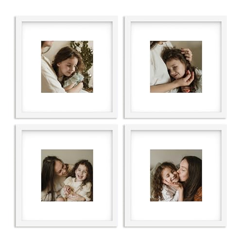 An&He 10x10 Picture Frames Set of 4, Displays 6x6 with Mat or 10x10 Without Mat Photos, Square Collage Wall Decor for Gallery, Wall Decor, White