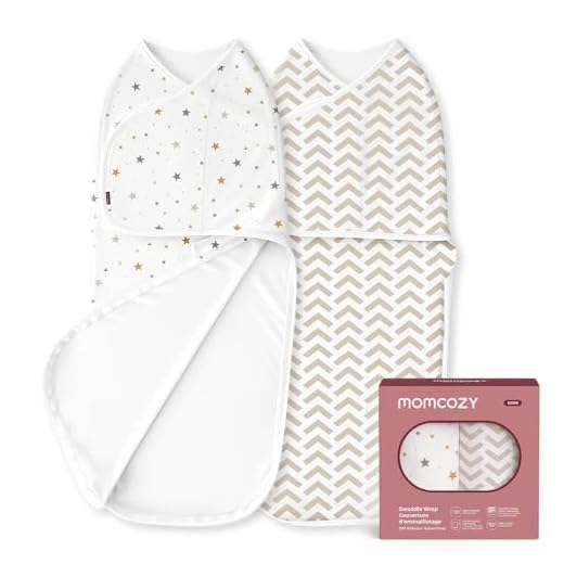 Momcozy Pucksack Baby 0-3 Monate, leiser Verschluss,Swaddle für frischgebackene Eltern, reduziert den Schreckreflex, unverzichtbar für Neugeborene 0-3 Monate, 2er-Pack, Geometrie und Sterne