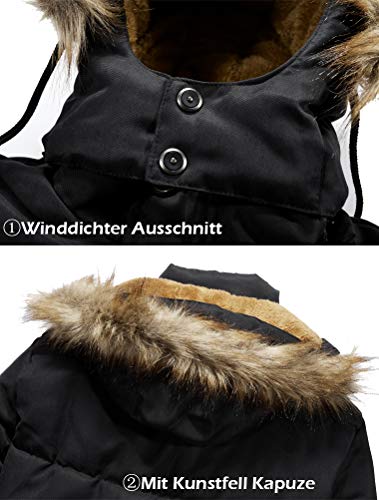 FTCayanz Herren Warme Winterjacke Parka Lang Wintermantel Mit Kunstfell Kapuze Outdoor Gefütterte Steppjacke Jacke Schwarz XL
