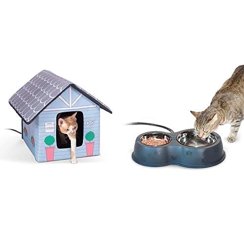 K&H Pet Products Original Outdoor Heated Kitty House Cat Shelter 19 X 22 X 17 Inches Cottage Design + Thermo-Kitty Café Outdoor Heated Cat Bowl