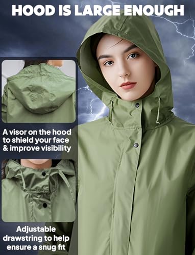 ANYOO Wasserdichter Regenmantel für Damen, Regenjacke mit Kapuze, leichter langer Regenmantel, Windjacke, Trenchcoat, Armeegrün, Einheitsgröße