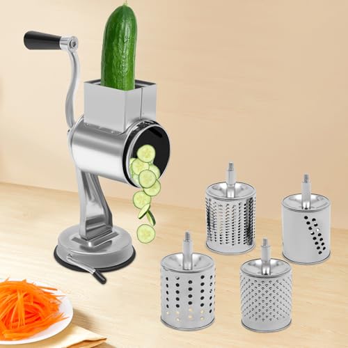 Râpe à tambour en acier inoxydable avec 5 lames - Râpe à légumes manuelle avec manivelle et ventouse - Râpe de cuisine multifonction pour légumes, fromage, noix, chocolat, pommes de terre, concombres