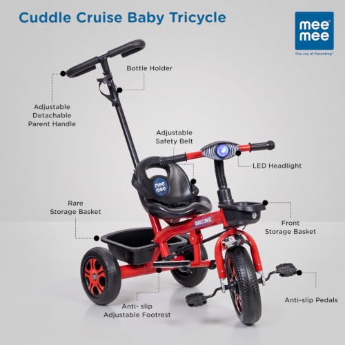 Image of Mee Mee Cuddle Cruise Baby Tricycle 1 to 5 Years, Upto 30kgs | Safety, Comfort, and Fun for Little Riders (Red)