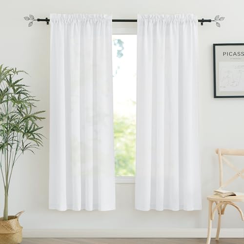 RYB HOME Linen Sheer Curtains 2 Panels for Living Room, Semi Transparent Privacy Drapes with Rod Pocket Farmhouse Style Window Treatments for Bedroom, White, 52" W x 72" L