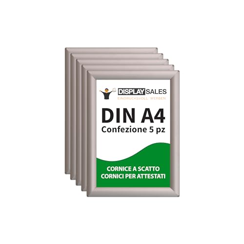 DISPLAY SALES – Set 5 Cornici a Scatto A4 Argento | Profilo 25 mm in Alluminio con Apertura Rapida | Porta Poster, Certificati e Avvisi | Cornici Professionali per Uffici, Negozi ed Eventi