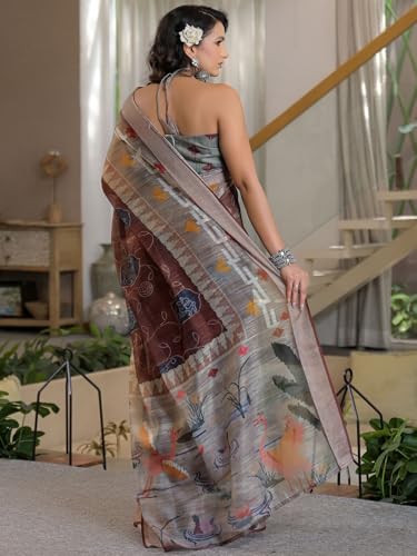 Image of Satrani Women's Linen Printed & Embroidery Ready To Wear Saree with Unstitched Blouse Piece