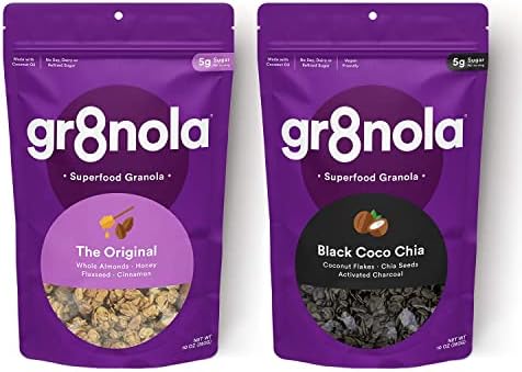 gr8nola 2-Pack Bundle - Includes THE ORIGINAL and BLACK COCO (CHARCOAL) CHIA - Healthy, Low Sugar, Superfood Granola Cereal - Soy Free, Dairy Free and No Refined Sugar - 10 Ounces Each