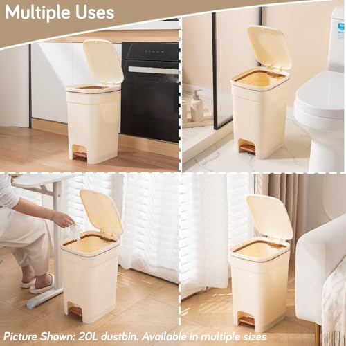 Image of HOKIPO Press-Top & Pedal Dustbin with Lid | Plastic Lightweight Step-On Trash Bin with Silent Soft-Close Lid & Bag Holder Ring | 15 Litres, Cream (NEW-AR-6195)