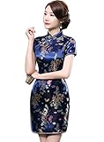 EXPOING Qipao Short Dragon Phoenix Pattern Brocade Chinese Traditional Cheongsam Dresses for Womens Short Sleeve Mini (Blue M)