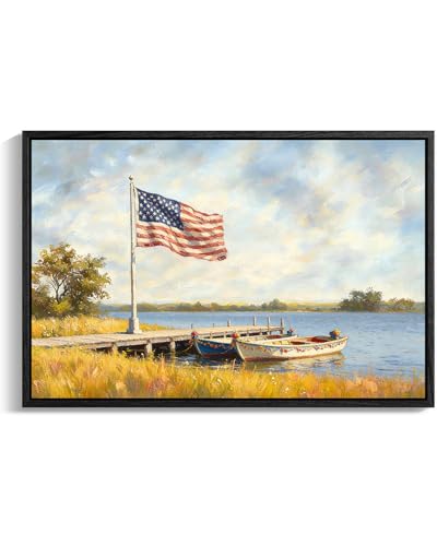 Image of American Flag Framed Canvas Wall Art, 4th of July Red White Blue Canvas Prints, USA Flag with Boat Patriotic Decorations, Vintage Independence Day Wall Decor for Bedroom Living Room 20x24