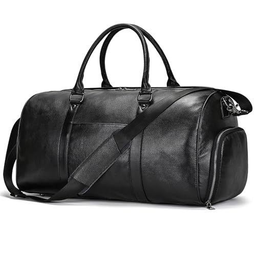 Skórzana torba podróżna w stylu vintage z przegrodą na buty, weekendowa torba podróżna w stylu vintage, weekendowa torba podróżna, dla mężczyzn, kobiet, na krótkie podróże, czarny, 56 x 27 x 27 cm