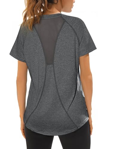 Wayleb Tshirt Damen Sport Locker Sportshirt Kurzarm Rundhals Funktionsshirt T-Shirts Leichtes Atmungsaktives Trainingsshirt Fitness Running Sportoberteile, grau XL