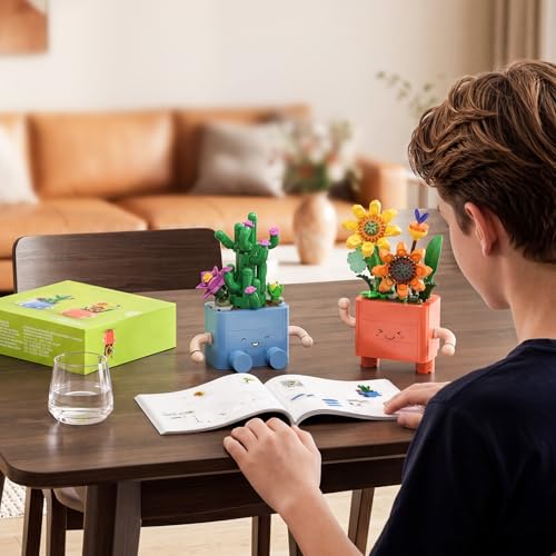 Image of 292 PCS Cute Plants Building Blocks Set, 2-in-1 Artificial Succulents Cactus & Sunflower Potted Flowers Building Toys, Creative DIY Floral Botanical Collection Gift for Adults & Kids Ages 6+