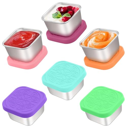 Image of Stainless Steel Snack Containers with Silicone Lids, Small Square Sauce Cups for Bento Lunch Box, Leakproof Condiment Container for Kids & Adults, Set of 2 (Multicolor)