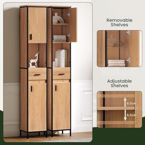 EUGAD Badezimmerschrank, Badschrank schmal, Hochschrank Badezimmer, Bad Schrank stehend, mit Schublade, offenem Fach, verstellbaren Ablagen, 30x180x30 cm, schwarz helle Eiche