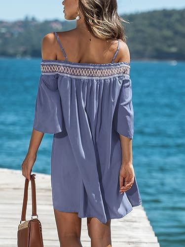 Image of CUPSHE Women's Loose Open-Shoulder Short Dress Formal Dress 3 /4 Sleeve Spaghetti Strap Smocked Lace Mini Dress