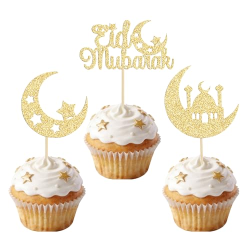 24 Pièces Eid Mubarak Decoration Gateau, Decoration Gateau Ramadan, Lune Étoile Cupcake Topper Pailleté, Décor Cupcake pour Ramadan, Eid al-Fitr, Table de Desserts et Réception Festive (Doré-G)