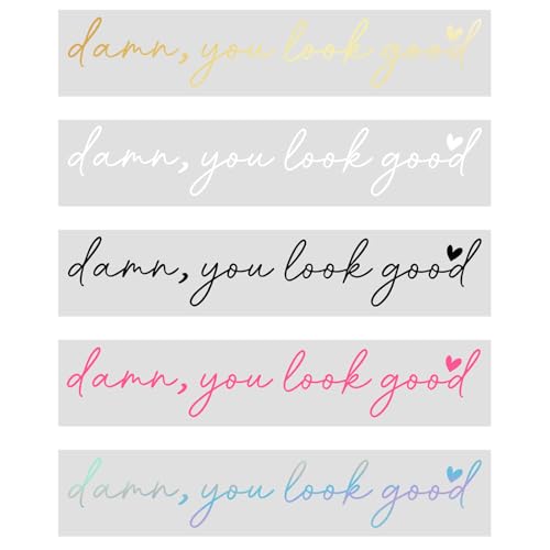 Image of 5pcs Damn, You Look Good Car Rear View Mirror Decal, Vinyl Car Quote Sticker for Back Window Positive Rearview Mirror Label Accessories for Women Self Affirmation Mental Health Awareness Gift