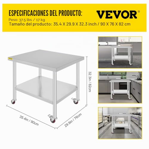 Miniatura 7 de Vevor Mesa De Preparación De Comida Acero Inoxidable 91,5x76,2x86,4cm Tabla De Cocina Profesional Capacidad De Carga 100 Kg Tabla De Trabajo De Cocina Catering Ajustable Para Restaurante Escuela