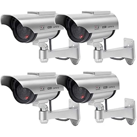 F FINDERS&CO Solar Powered Dummy Security Camera, Bullet Fake Surveillance System with Realistic Red Flashing Lights and Warning Sticker Indoor Outdoor (4, Silver) Cover