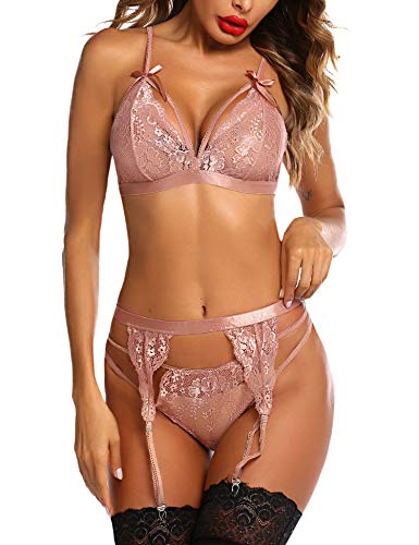 wearella Women Lace Lingerie Set with Garter Belt Strap Bra and Panty Babydoll (Rose Pink, Small)