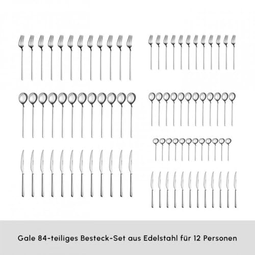 Karaca Gale 84-Piece Stainless Steel Cutlery Set for 12 People, PlatinLuxury Knife Fork and Spoon Set, Rust and Corrosion Resistant, Dishwasher Safe Flatware for Elegant Dining