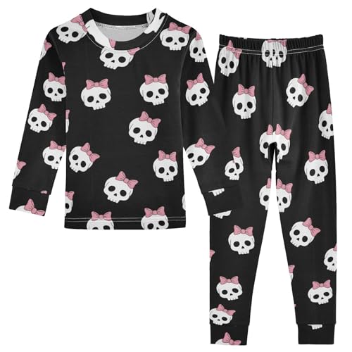 Pajama Sets Long Sleeve Skull Pattern with Pink Bows Soft Comfy Sleepwear 2 Piece PJS 3-8T