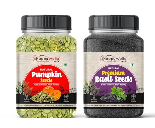 Image of HappyWally Pumpkin and Basil Seeds Combo - 250gm Each Jar | Premium Seeds Fresh, Crunchy & Natural | Perfect for Baking, Salads, Smoothies & Everyday Recipes