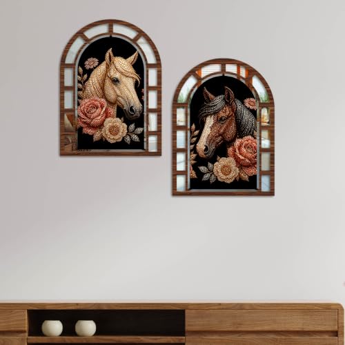 Image of Artvibes Royal Horse & Floral Decorative Wall Hanging | Jharokha Mirror Wall Hanging for Living Room, Hall, Bedroom, Lobby, Entrance & Office | Gift (WH 12004N), Set of 2
