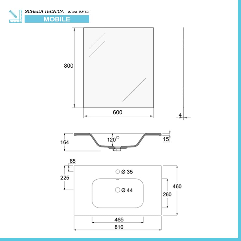 Mobile Bagno A Terra Da 80 Cm In Legno Bianco Lucido E Rovere Linea Brillo Con 2 Cassetti Dalla Chiusura Soft-Close, Completo Di Lavabo E Specchio