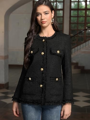 M.Infisavo Women’s Tweed Blazer Jackets with Pockets, Long Sleeve Open Front Crewneck Collarless Elegant Casual Cardigan4