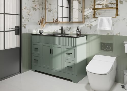 Image of eclife 48 inch Bathroom Vanities Sink Combo with Painted Surface, Modern Drawered Cabinet W /Decorative Wave Lines, Undermount Single Black Sink, Matte Black Faucet Drain, Gray Green