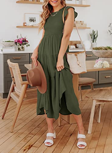 Zesica Women's 2023 Summer Casual Flutter Short Sleeve Crew Neck Smocked Elastic Waist Tiered Midi Dress,Armygreen,Medium #TOP7