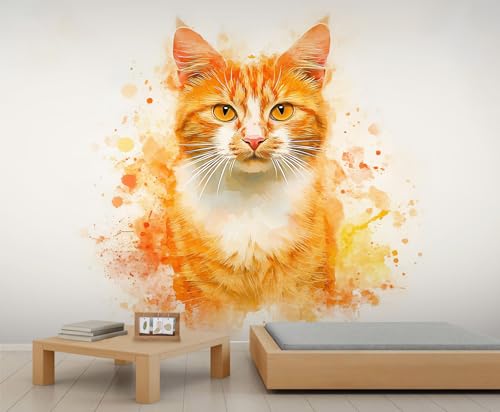 Orange Cat Wall Murals, Watercolor Cat Mural, Removable Wallpaper for Living Room Bedroom Study TV Background Decor - 118" W x 91" H