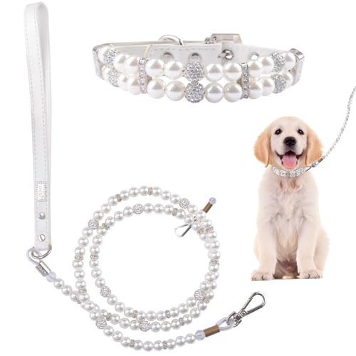 HACRAHO Set di guinzaglio e collare per cani, 2 pezzi, regolabile, in pelle, con strass, per cani, gatti, cuccioli, bianco, borchiato, 125 cm