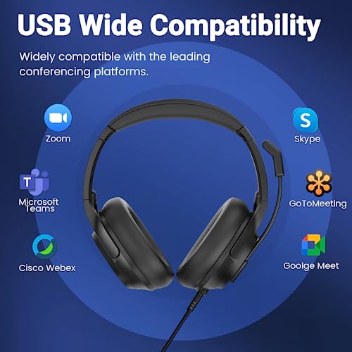 Headset with Microphone for PC, USB Computer Headsets AI-Powered Environmental Noise Cancelling Headphone with Busylight, Mic Mute Boom & Volume Control, Wired Over-Ear Headset for Laptop/Work/Office