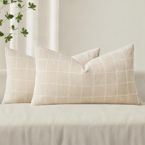 Image of MIULEE Beige Plaid Decorative Throw Pillow Covers 12x20 Set of 2 | Vintage Check Chenille Couch Pillows Neutral Boho Farmhouse Cushion Covers Modern Home Decor for Sofa Bed Living Room