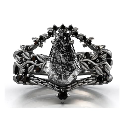 Natural Hexagon Black Rutilated Quartz Engagement Ring Set 925 Sterling Silver Rings for Her with Free Engraving Jewelry Gift for Women Black Rutilated Quartz Vintage Ring Set Size 4-12 -2